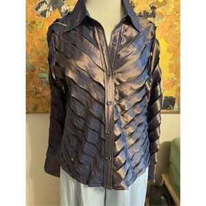 Artsy Zba Ribbon & Mesh Button Front Iridescent Bronze Blouse XXL
